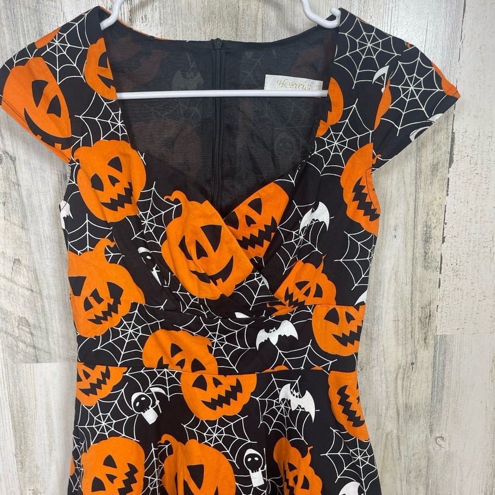 Hanpceirs Fit Halloween Print Fit And Flare Dress sz XS Black Orange Pinup Retro - Picture 2 of 9